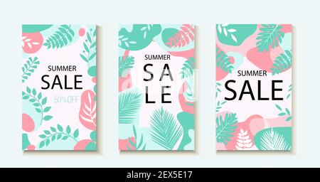 Hello summer. Collection of abstract background designs, summer sale template for your design. Creative contemporary aesthetic style. Vector Stock Vector