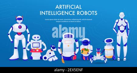 Set of machines artificial intelligence robots pets and household assistants horizontal banner on blue background vector illustration Stock Vector