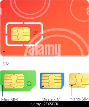 Realistic sim cards icon set with different types mini micro and nano sim vector illustration Stock Vector