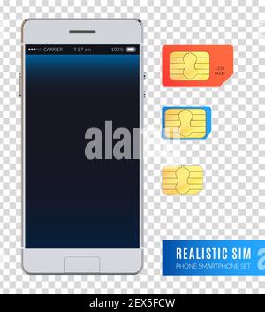 Colored and realistic sim phone smartphone icon set with various sizes of sim cards for device vector illustration Stock Vector