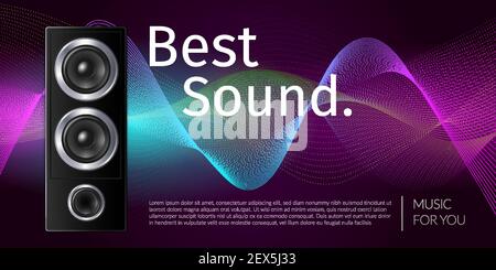 Realistic speaker in black box sound equipment on color wavy background vector illustration Stock Vector
