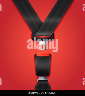 Realistic unblocked passenger seat belt with fastener and black strap on red background vector illustration Stock Vector