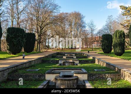 Anderlecht, Brussels Capital Region - Belgium : 12 25 2020: View over the fountain and playgrounds of the Astrid park Stock Photo