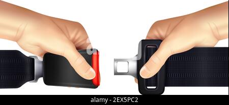 Hands holding unblocked seat belt on white background realistic vector illustration Stock Vector