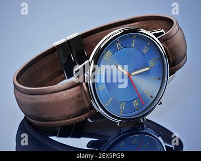 Classic men's watch on blue background. 3D illustration. Stock Photo