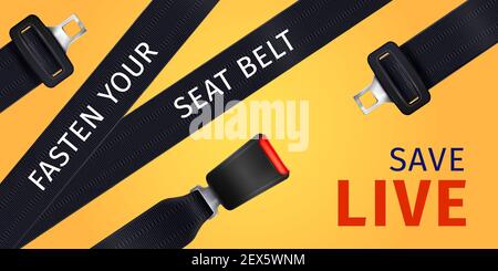 Realistic passenger seat belt poster of social advertising on yellow background vector illustration Stock Vector