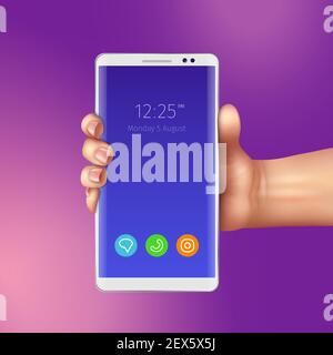 Female hand and realistic white smart phone with icons of mobile apps on screen vector illustration Stock Vector
