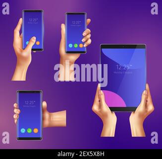 Set of realistic gadgets smart phones and tablet in female hands isolated on purple background vector illustration Stock Vector