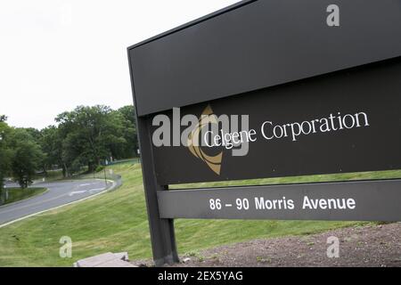 A logo sign outside of the headquarters of the Celgene Corporation in ...