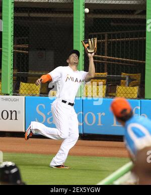 Miami Marlins right fielder Giancarlo Stanton catches a fly ball by Atlanta  Braves' Mallex Smith during the ninth inning of a baseball game, Friday,  April 15, 2016, in Miami. The Braves won