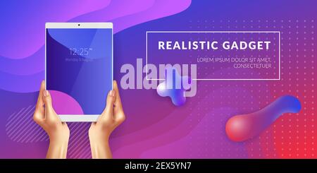Realistic tablet in female hands on textured colored background with elements of fluid medium vector illustration Stock Vector