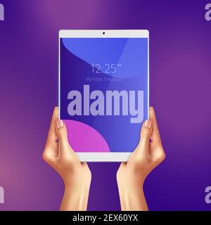 Hands holding realistic white tablet with date and time at screen on purple background vector illustration Stock Vector