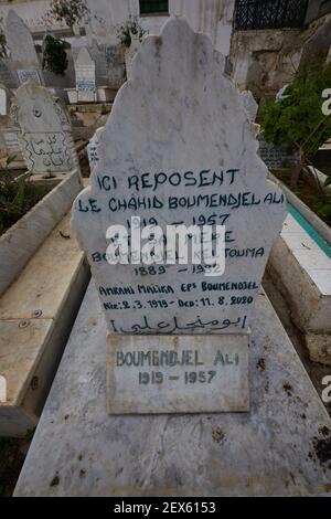 A view of Ali Boumendjel’s grave on March 3, 2021 in Algiers, Algeria. French forces 'tortured and murdered' Algerian freedom fighter Ali Boumendjel during his country's war for independence, President Emmanuel Macron admitted on Tuesday, officially reappraising a death that was covered up as a suicide. Macron made the admission “in the name of France” during a meeting with Boumendjel’s grandchildren. Atrocities committed by both sides during the 1954-1962 Algerian war of independence continue to strain relations between the countries. Boumendjel, a nationalist and lawyer, was arrested during Stock Photo