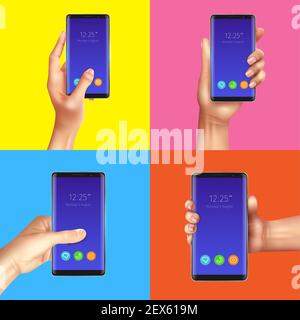 Realistic gadgets design concept with hands holding black smart phones on colorful background isolated vector illustration Stock Vector
