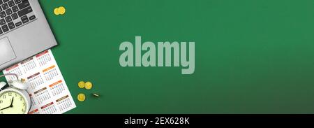 Online business workspace, distance education, e-learning concept, banner with laptop, alarm clock, calendar and money, coins, green background and co Stock Photo