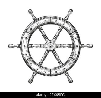 Wooden ship wheel. Sailing, nautical concept sketch vintage vector illustration Stock Vector