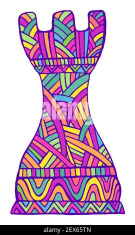 Bright Rook Chess Piece with decorative abstract patterns doodle style, isolated on white. Stylish card with rook chess piece. Vector hand drawn illus Stock Vector