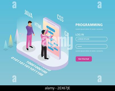 Freelance programming isometric composition with two programmers on work and log in password lines vector illustration Stock Vector