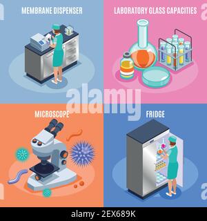 Four square isometric microbiology icon set with membrane dispenser laboratory glass capacities microscope and fridge descriptions vector illustration Stock Vector