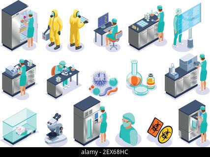 Microbiology isolated isometric icon set with science employers microscope laboratory and biochemistry vector illustration Stock Vector