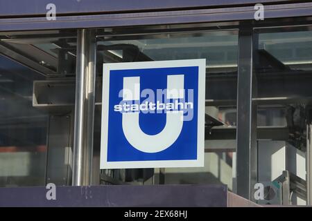 View on isolated blue white stadtbahn (english meaning: subway) at entrance to lift downstairs (focus on center of sign) Stock Photo