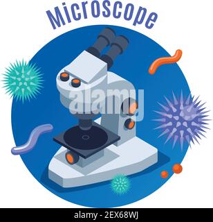 Microbiology isometric background with round composition microscope and different isometric science elements vector illustration Stock Vector