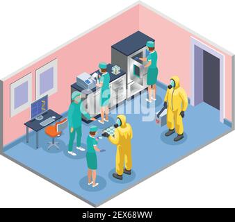 Microbiology isometric and colored composition with scientists in lab coats and medical masks vector illustration Stock Vector
