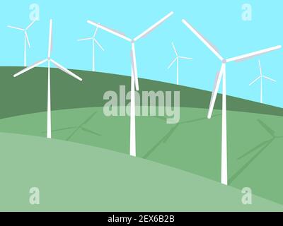 Wind turbines among green fields in a minimalistic, flat style. Wind park. Renewable green energy, clean electricity production. Eco-friendly wind ene Stock Vector