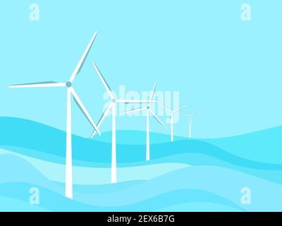 Wind turbines at sea. Offshore wind farm. Renewable green energy, clean production of electricity. Seascape with waves in a flat style. Vector Illustr Stock Vector