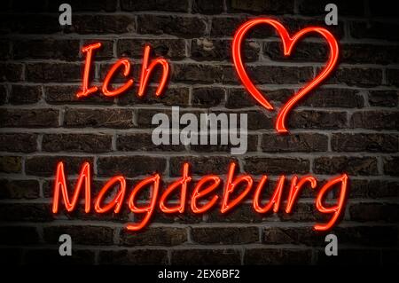 Leuchtreklame, Ich liebe Magdeburg, Sachsen-Anhalt, Deutschland, Europa | Illuminated advertising, I love Magdeburg, Saxony-Anhalt, Germany, Europe Stock Photo