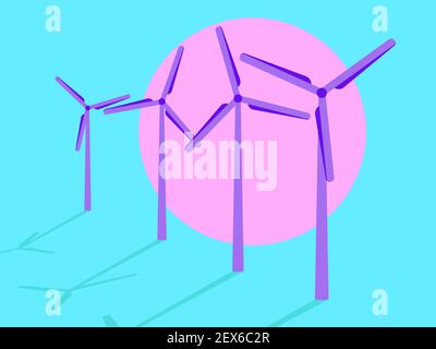 Wind turbines at sunset, pink sun in the style of the 80s. Wind park. Renewable green energy, clean electricity production. Eco-friendly wind energy. Stock Vector
