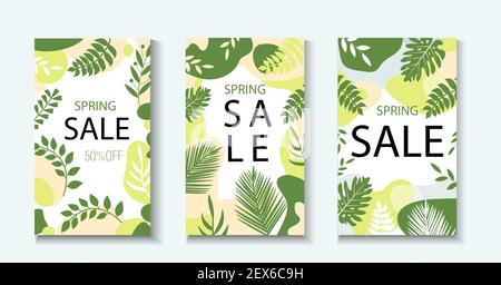 Hello spring. Collection of abstract background designs, spring sale template for your design with leaves and plants. Creative contemporary aesthetic Stock Vector