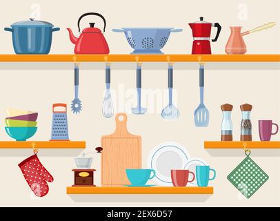 Kitchen shelves with tableware Stock Vector