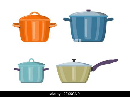 Sauce pan with lid and soup. Stock Vector