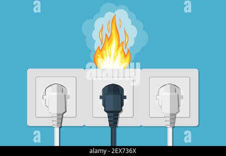 Socket and plug on fire from overload. Stock Vector