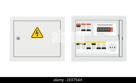 Electrical power switch panel with open and close door. Fuse box. Isolated vector illustration in flat style Stock Vector