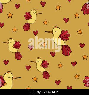 Seamless vector pattern with lovebirds on beige background. Simple romantic wallpaper design with love hearts, stars and birds. Stock Vector