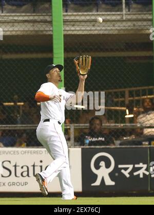 Miami Marlins right fielder Giancarlo Stanton catches a fly ball by Atlanta  Braves' Mallex Smith during the ninth inning of a baseball game, Friday,  April 15, 2016, in Miami. The Braves won