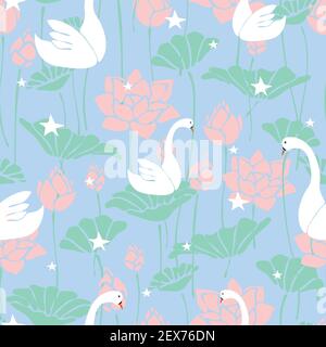 Seamless vector pattern with swans and lotus flower on light blue background. Romantic wallpaper design with stars and birds. Ideal for wedding. Stock Vector