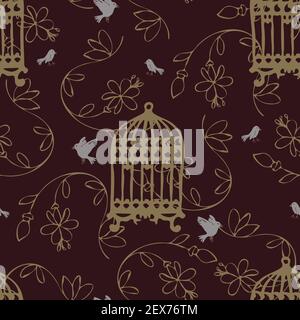 Seamless vector pattern with birds and birdcages. Luxury wallpaper design on dark brown. Simple flower and bird elements. Stock Vector