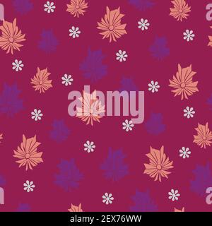 Seamless vector pattern with flowers on purple background. Simple floral wallpaper design. Elegance fashion textile. Stock Vector