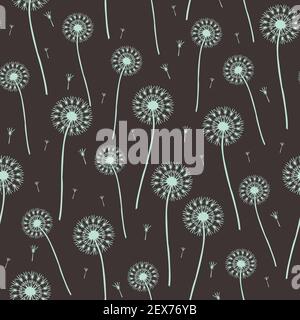 Seamless vector pattern with dandelions on grey background. Gentle soft decorative wallpaper design. Make a wish fashion textile. Stock Vector