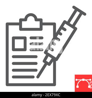 Immunization program line icon, vaccine and injection, clipboard with syringe vector icon, vector graphics, editable stroke outline sign, eps 10. Stock Vector
