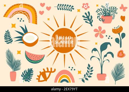 Hello summer boho abstract set of objects with tropical palm leaves and fruits, rainbow. Summer creative contemporary aesthetic doodle elements Stock Vector