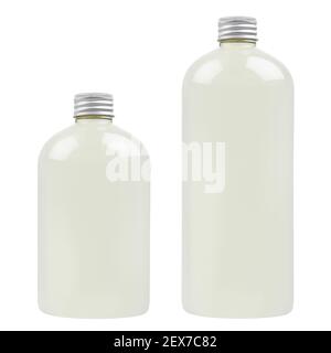 Set of two plastic tall and low bottles with pale fresh drink or cosmetic essential oil, silver cap mockup, isolated, template. Stock Photo