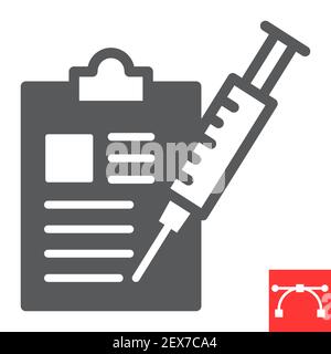Immunization program glyph icon, vaccine and injection, clipboard with syringe vector icon, vector graphics, editable stroke solid sign, eps 10. Stock Vector