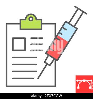 Immunization program color line icon, vaccine and injection, clipboard with syringe vector icon, vector graphics, editable stroke filled outline sign Stock Vector