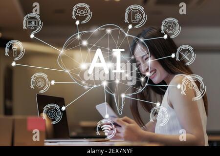 Polygonal brain shape of an artificial intelligence with AI text and various icon of smart city Internet of Things Technology over Asian businesswomen Stock Photo