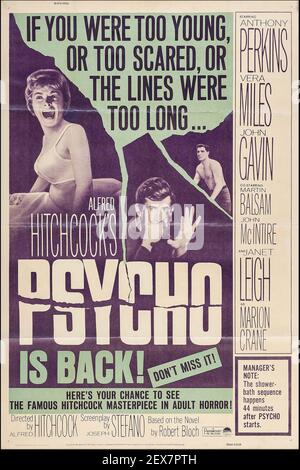 Psycho. Advertisement / poster.  Alfred Hitchcock. 1960. The film feat. Anthony Perkins, Janet Leigh, Vera Miles and John Gavin. Stock Photo