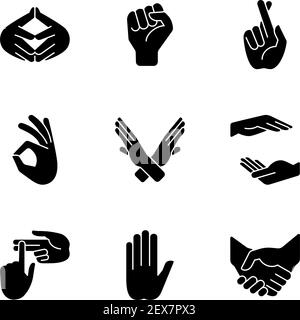 Hand gestures black glyph icons set on white space Stock Vector